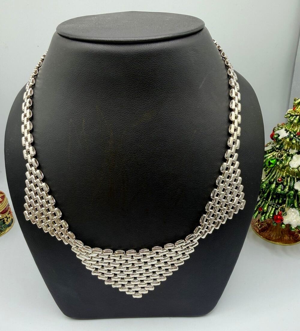 925 Italy Sterling Silver Woven Brick Link Bib Necklace 28g Statement